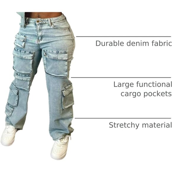 Women's Cargo Jeans High Waisted Stretchy Straight Leg Pockets Casual - Picture 4 of 7